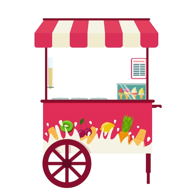벡터 아이스크림이 달린 바퀴 달린 키오스크 과자 및 디저트 거리 판매용 밝은 트롤리