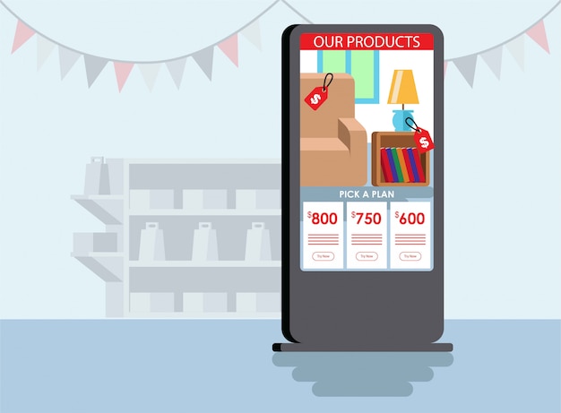 A kiosk screen displays some product choices flat illustration