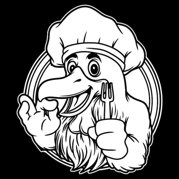 Kip chef-kok mascotte zwart-wit afbeelding