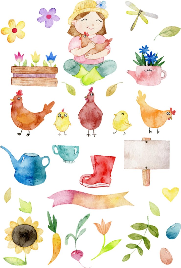 Vector kip clipart set met boeren kippen kippen oogst bladeren en bloemen
