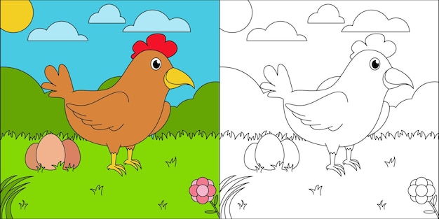 Kip die eieren legt die geschikt zijn voor de kleurplaat vectorillustratie van kinderen