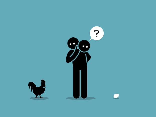 Kip of Ei. Wie komt het eerste argument. kunstwerk van een man die naar zowel een kip als een ei kijkt en zich afvraagt welke er eerst was.