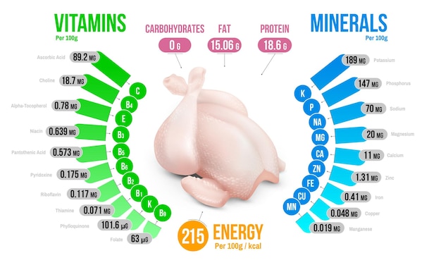 Kip voedingsstoffen infographics diagram presenteren vitaminen mineralen vet eiwit energie realistische vectorillustratie