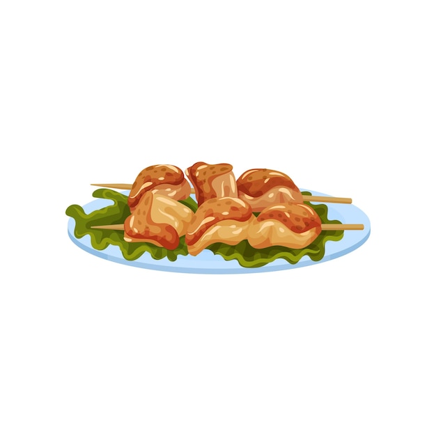 Kippen kebab op een houten spits geserveerd met sla bladeren op een bord smakelijke pluimvee gerecht vector illustratie geïsoleerd op een witte achtergrond