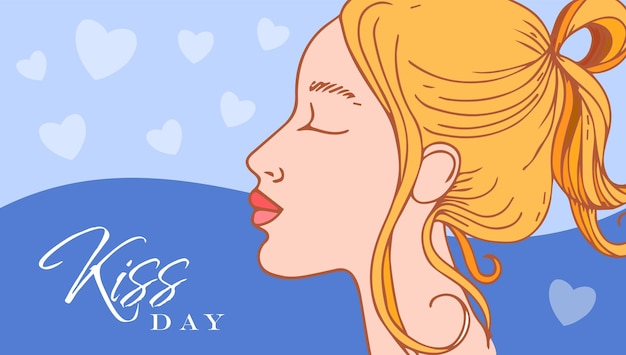 Kiss day greeting card lettering and girl