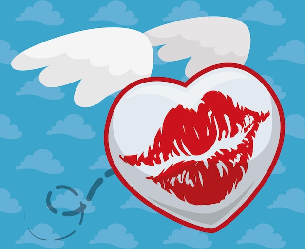 Kiss in a heart shape with wings flying around in a cloudy background