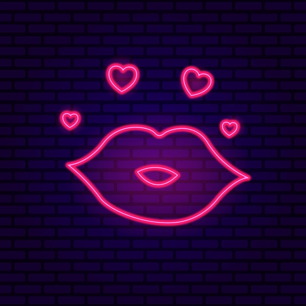 Kiss and hearts neon sign glowing neon figure