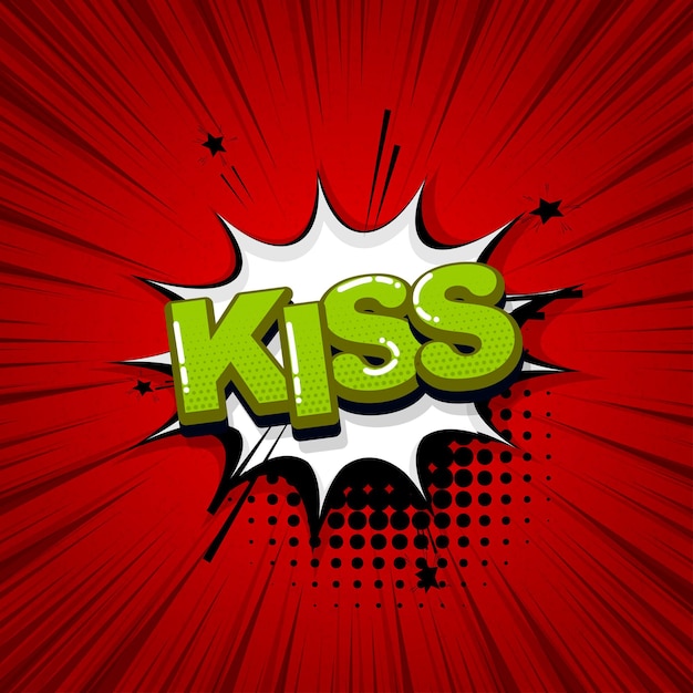 Поцелуй любовь страсть комикс текст звуковые эффекты стиль поп-арт вектор речи пузырь слово мультфильм
