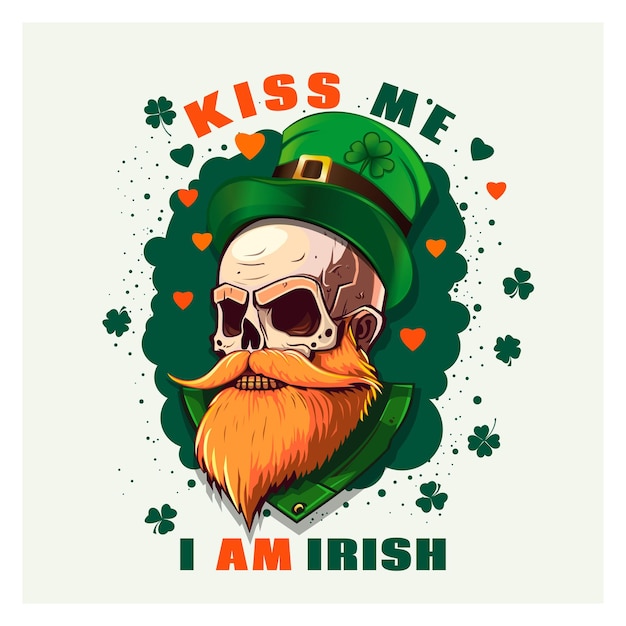 Vettore baciami sono irlandese poster vintage con un cranio rosso di leprechaun irlandese