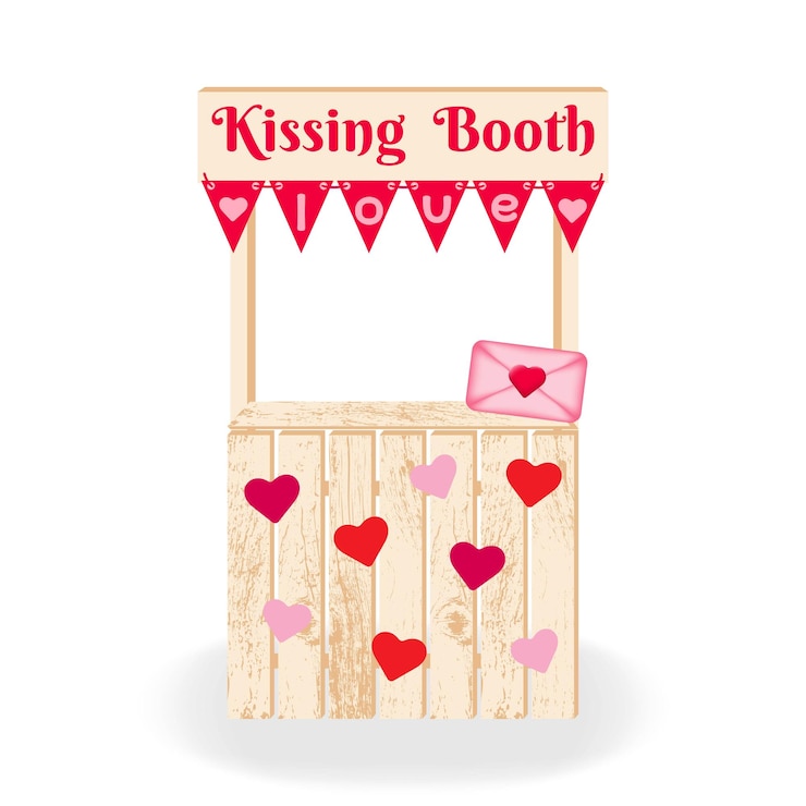 Vector kissing booth. festive decor in the form of a decorated kissing booth with flags and hearts.