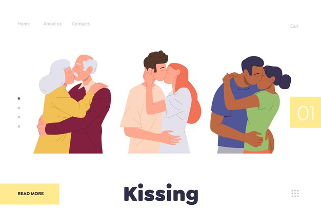 ランディングページデザインのコンセプト - 異なる幸せなカップルと愛するアニメキャラクターのキスコンセプト 様々な年齢の男性と女性のパートナーが抱きしめ合って一緒に時間を過ごします