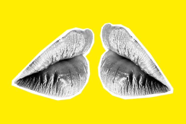 Vector kissing halftone woman lips on bright background vector collage for your design