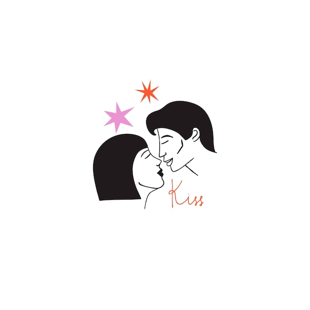 Kissing people Line portrait Man and woman couple in love romantic relationships Icons with boyfriend and girlfriend together Valentine day or wedding card Vector isolated illustration