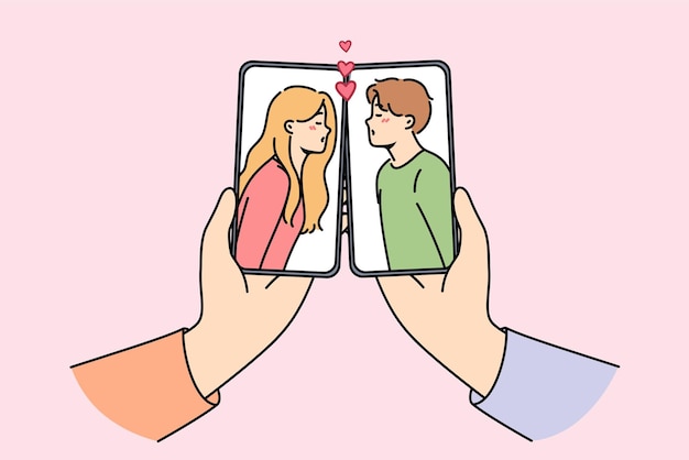 携帯電話の画面で人とキスしスマートフォンのアプリを通じてフリートする