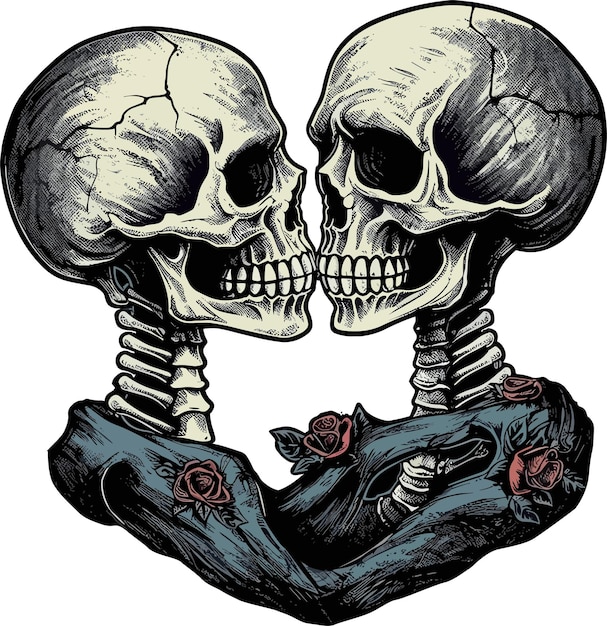 kissing skeleton romantic skull rose flowers vector design