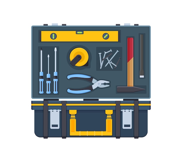 Вектор Комплект бытовых инструментов open box. ремесленное оборудование для ремонта и строительства. ящик для инструментов