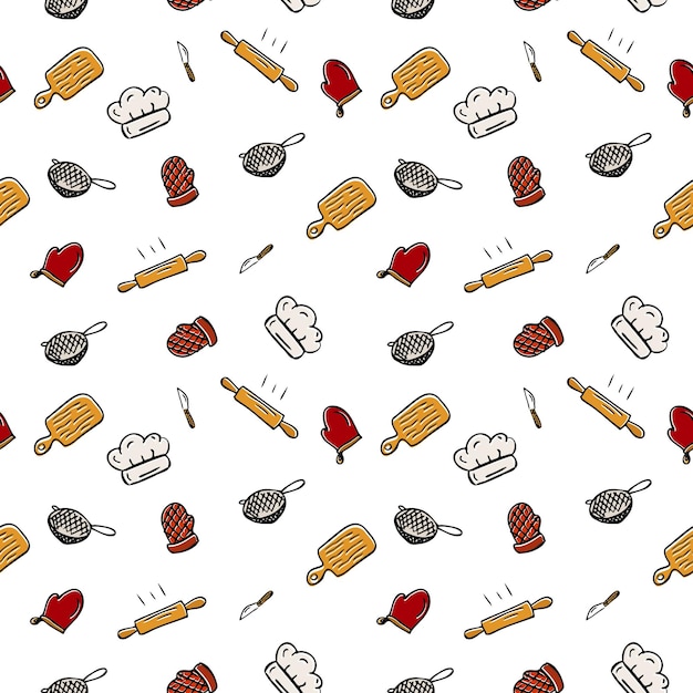 Kitchen accessories seamless pattern Utensil cooking background Print for packaging fabrics or wallpapers textiles