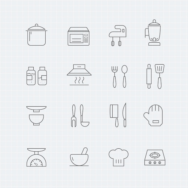 ベクトル キッチンと食器のベクトル 薄い線のシンボルアイコン