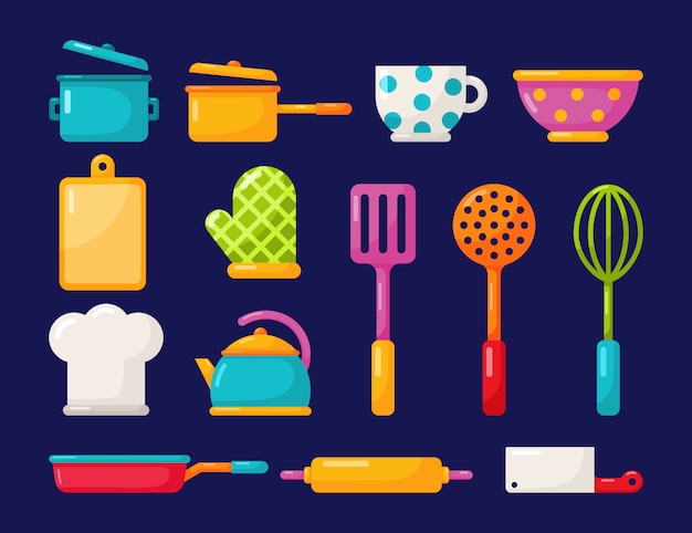 Kitchen appliances and kitchenware icons set isolated on blue background.