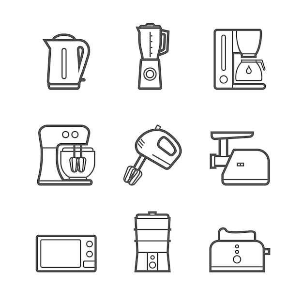Vector kitchen appliances vector line style icon set