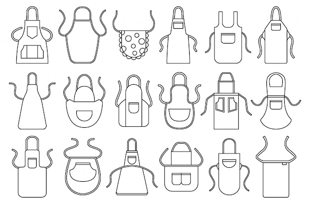 Vector kitchen apron in line style icon set.