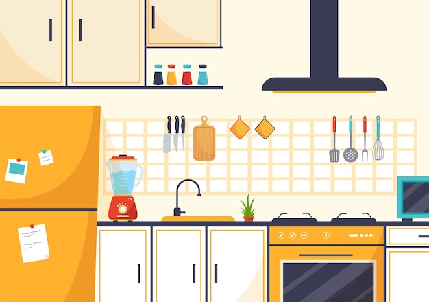 Вектор Иллюстрация архитектуры кухни с мебелью и интерьером в рисованных фоновых шаблонах