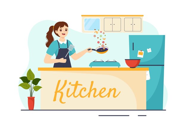 Kitchen Architecture Illustration with Furniture and Interior in Hand Drawn Background Templates