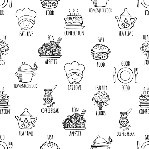 Kitchen black and white seamless pattern vector.Background Kitchen.