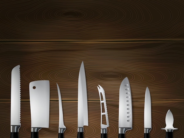 Vector kitchen butchers knives set closeup realistic image on dark wood background with slicer carver cleaver  illustration