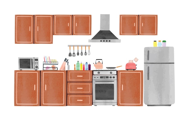 Кухонный шкаф с мебелью, техникой и посудой акварель вектор. шкафы, духовка, микроволновка