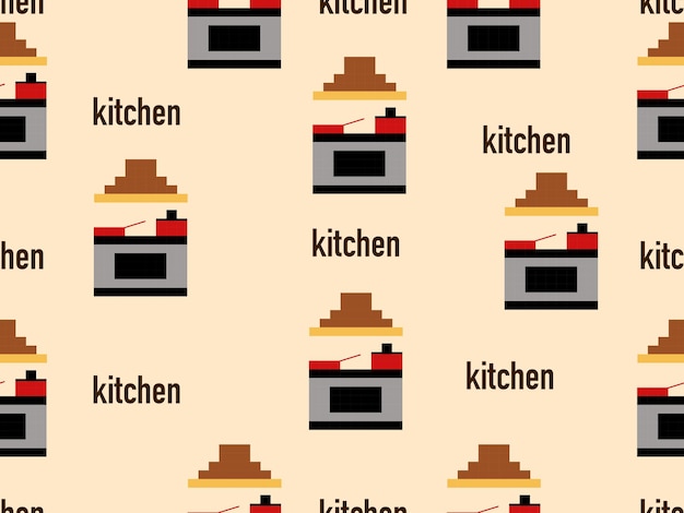 Kitchen cartoon character seamless pattern on brown backgroundpixel style