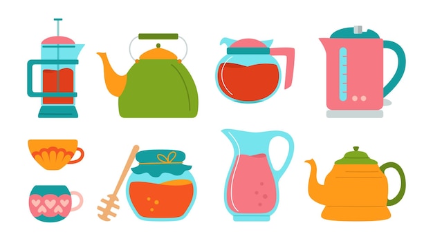 Kitchen cartoon style set, honey jug, sugar cup, teapot and electric kettle cooking dishes, equipments