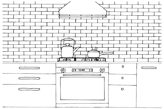 Vettore pagina da colorare cucina con forno cappa cucina mobili da cucina con pareti in mattoni accogliente libro da colorare per bambini e adulti armadio per stoviglie per utensili da cucina