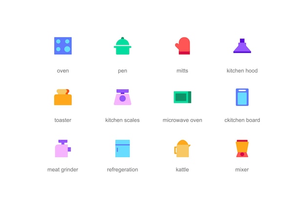 Кухонная концепция веб-иконок, установленных в цветном плоском дизайне