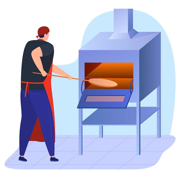 Vettore il cuoco di cucina prepara la pizza cucina italiana deliziosa pizza al forno colorata illustrazione vettoriale i