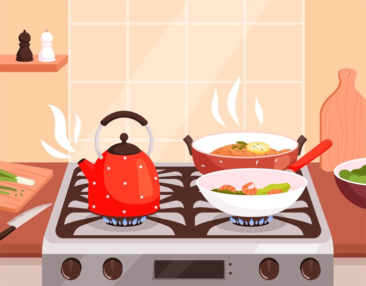 Vector kitchen cooking boiling in pans on gas stove burning and steam from preparing food delicious cuisine nowaday vector cartoon background illustration