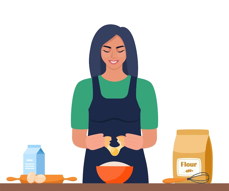 Vector kitchen cooking woman cooks an omelet for breakfast smiling girl in the kitchen