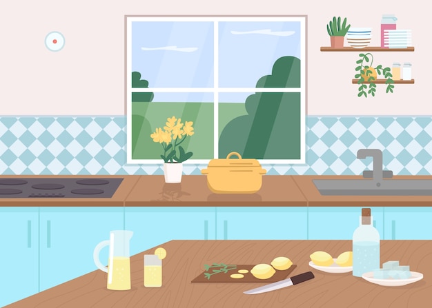 Kitchen counter flat color illustration. Cut lemons on tables. Make lemonade as pastime. Cook class. Household furniture. Dining room 2D cartoon interior with window on background