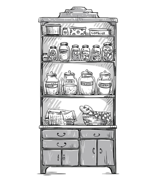 Vector kitchen cupboard, kitchen shelves, hand drawn vector line art