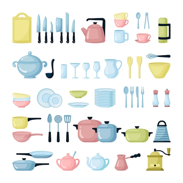 Вектор Набор кухонной посуды и посуды плоские иллюстрации. красочная посуда. тарелки, кастрюли, столовые приборы.