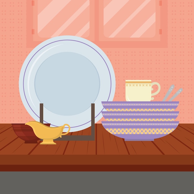 Vector kitchen dishes and decorations illustration