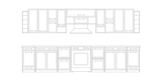 Чертеж кухни. Архитектурный линейный эскиз интерьера кухни, вид спереди.