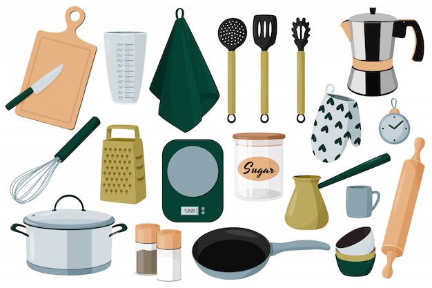 Kitchen equipment collection.