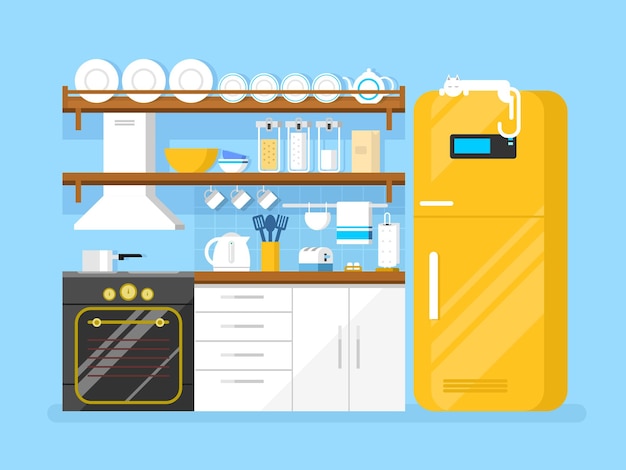 Kitchen flat style. Furniture and refrigerator, toaster and plate, hood and pan, flat vector illustration