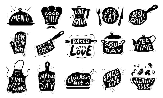 Lettering alimentare in cucina. distintivo di cottura gastronomica degli alimenti, ricette di pollo cucinare e insieme dell'illustrazione delle lettere del menu del ristorante