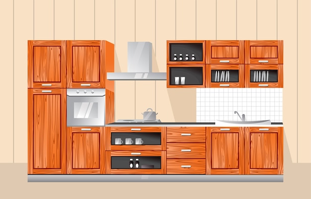 Vector kitchen furniture  illustration with wooden style