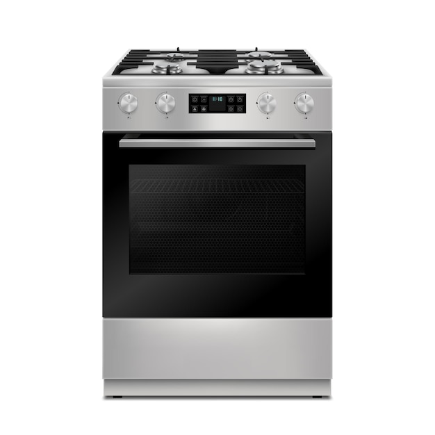Кухонная газовая плита Бытовая техника Реалистичная 3d векторная иллюстрация Вид спереди на белом фоне