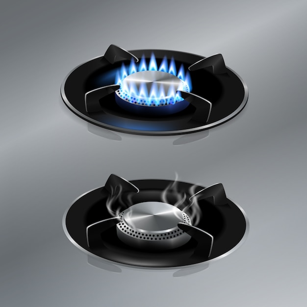 Kitchen gas stove on stainless steel floor