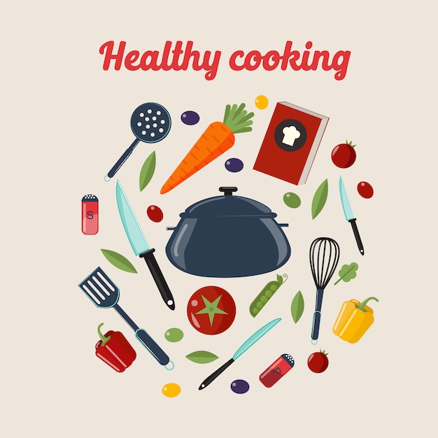 Kitchen healthy cooking concept with different vegetables and cutlery