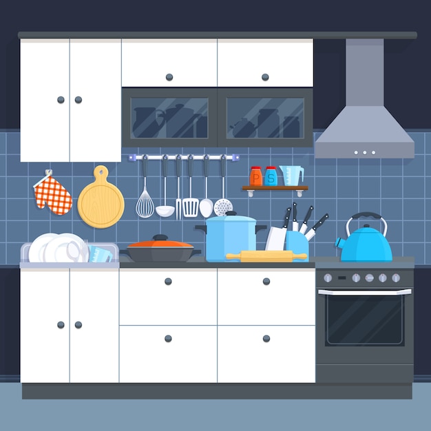 Vector kitchen home interior with oven and kitchenware vector illustration.